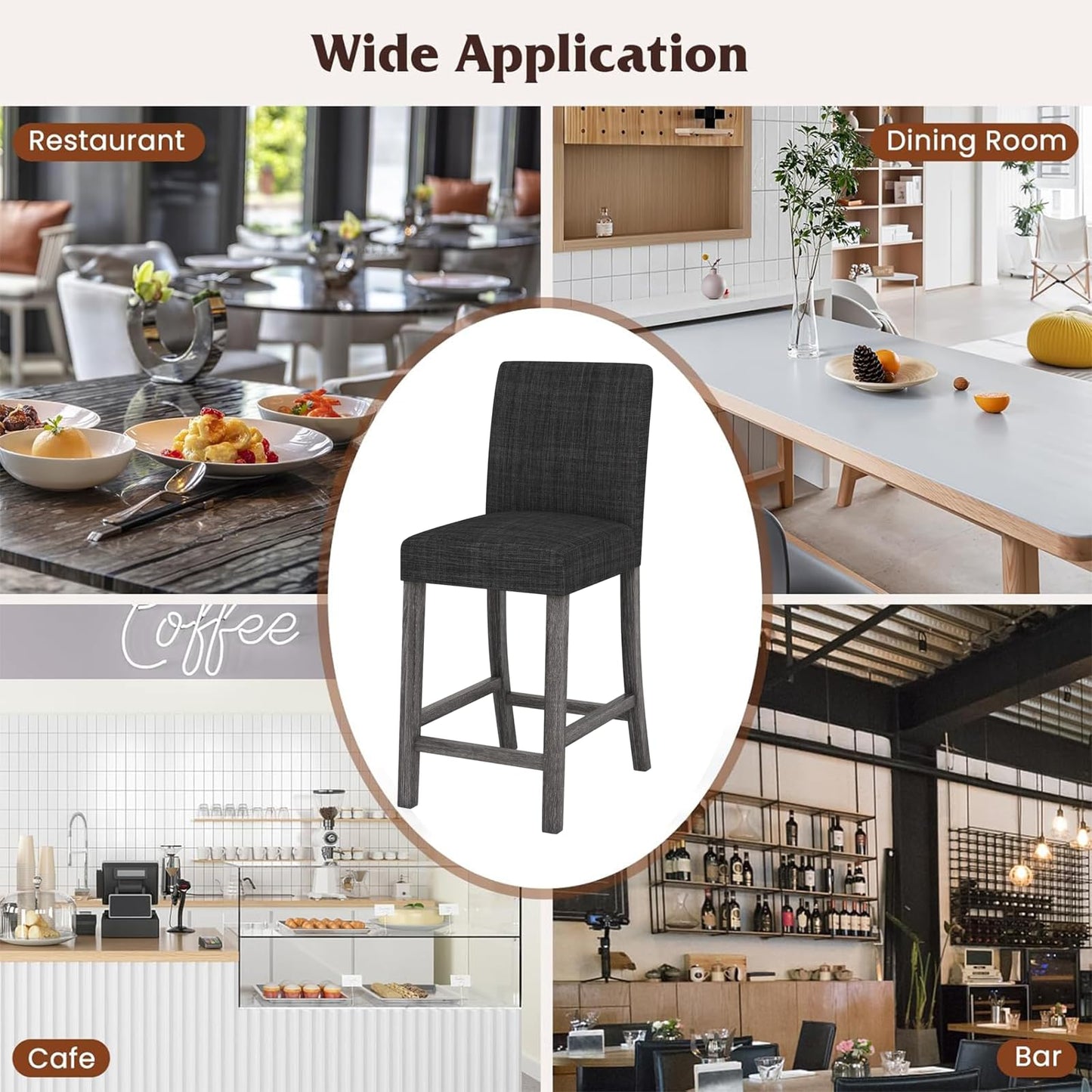 ERGOMASTER Counter Height Bar Stools Set of 4, 24.5'' Fabric Upholstered Barstools Mid Century Modern Island Bar Chairs with Back for Kitchen, Dining Room, Bar, Restaurant, Charcoal Grey