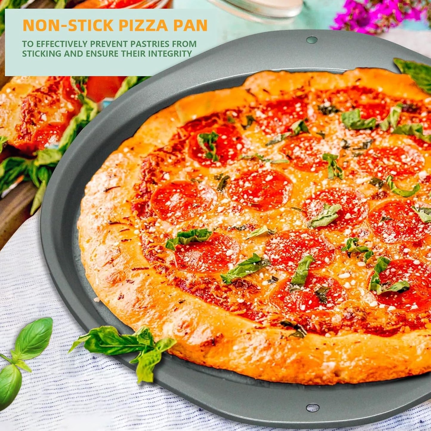 Pizza Pan, 14 Inch Nonstick for Oven with Widen Handles for Cooking, Baking, Grilling, Black
