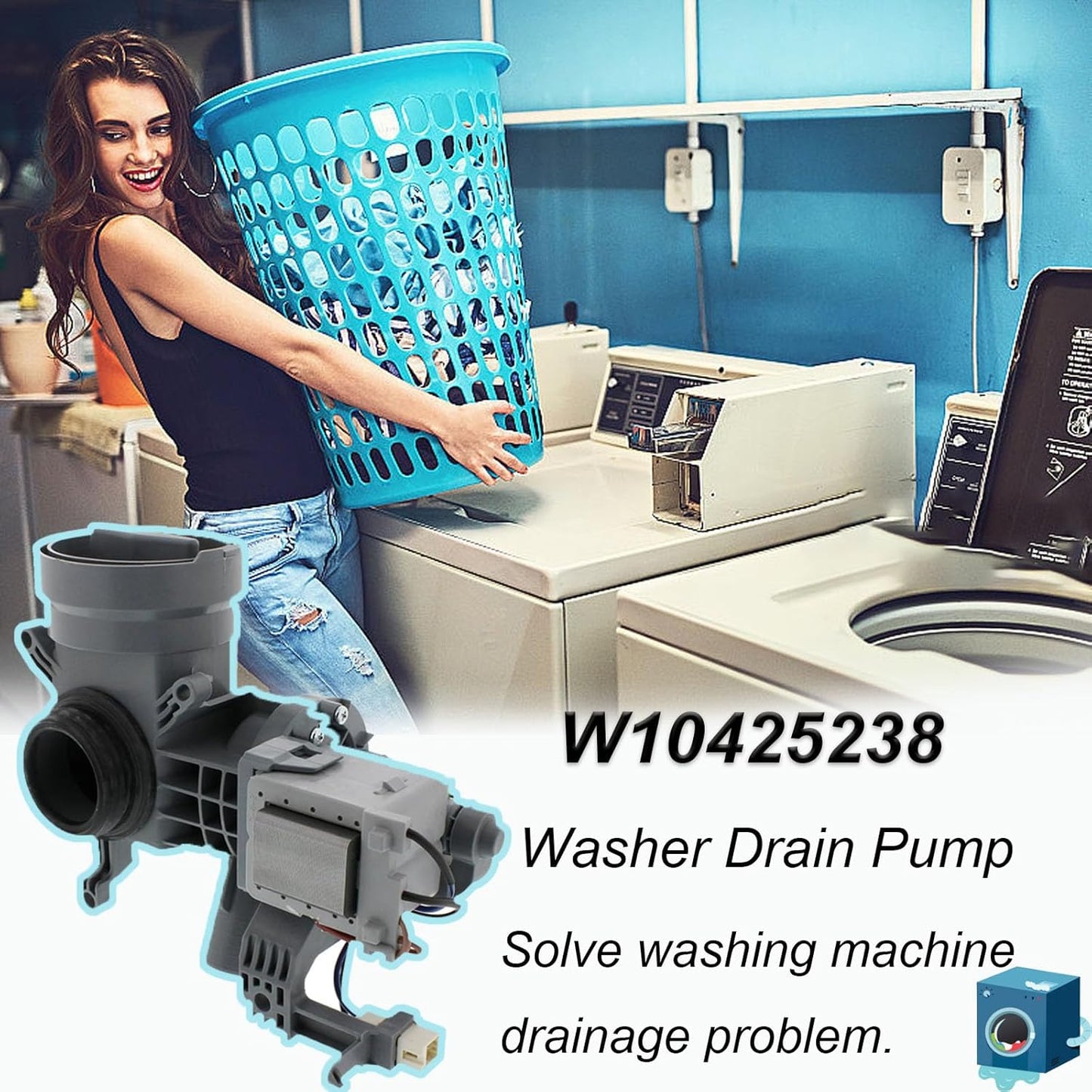 W10425238, WPW10605427 Washer Drain Pump Compatible with Whirlpool, Maytag, Amana Washing Machine, OEM Pump W10605427