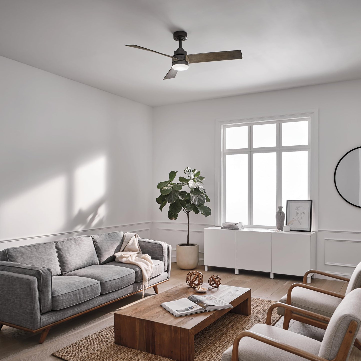 Kichler Spyn 52" Ceiling Fan with LED Lights in Anvil Iron, 3-Blade Contemporary Industrial Ceiling Fan, 3000K, Included Wall Control, (52" W x 14.5" H), 300275AVI