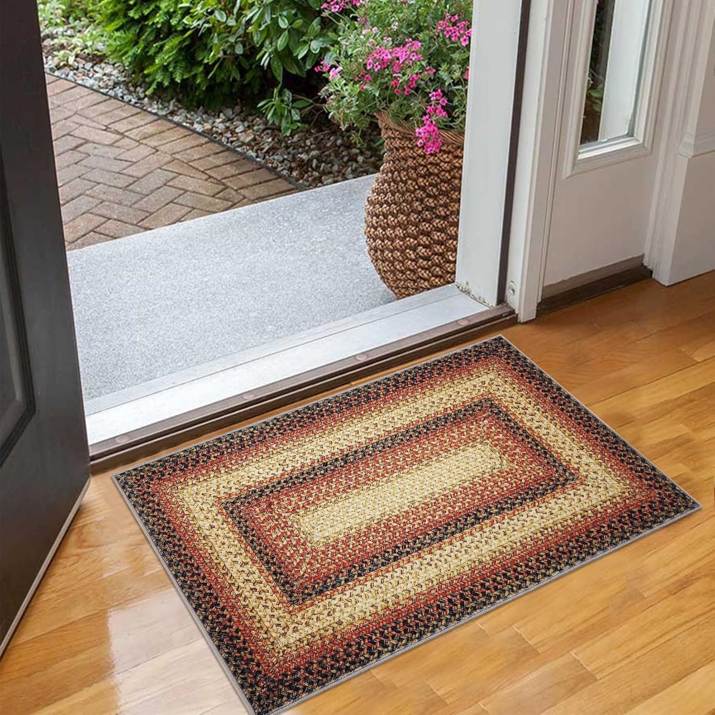 Small Area Rug 2x4 Indoor Non-Slip Entryway Braided Print Rug, Boho Accent Carpet for Living Room, Red
