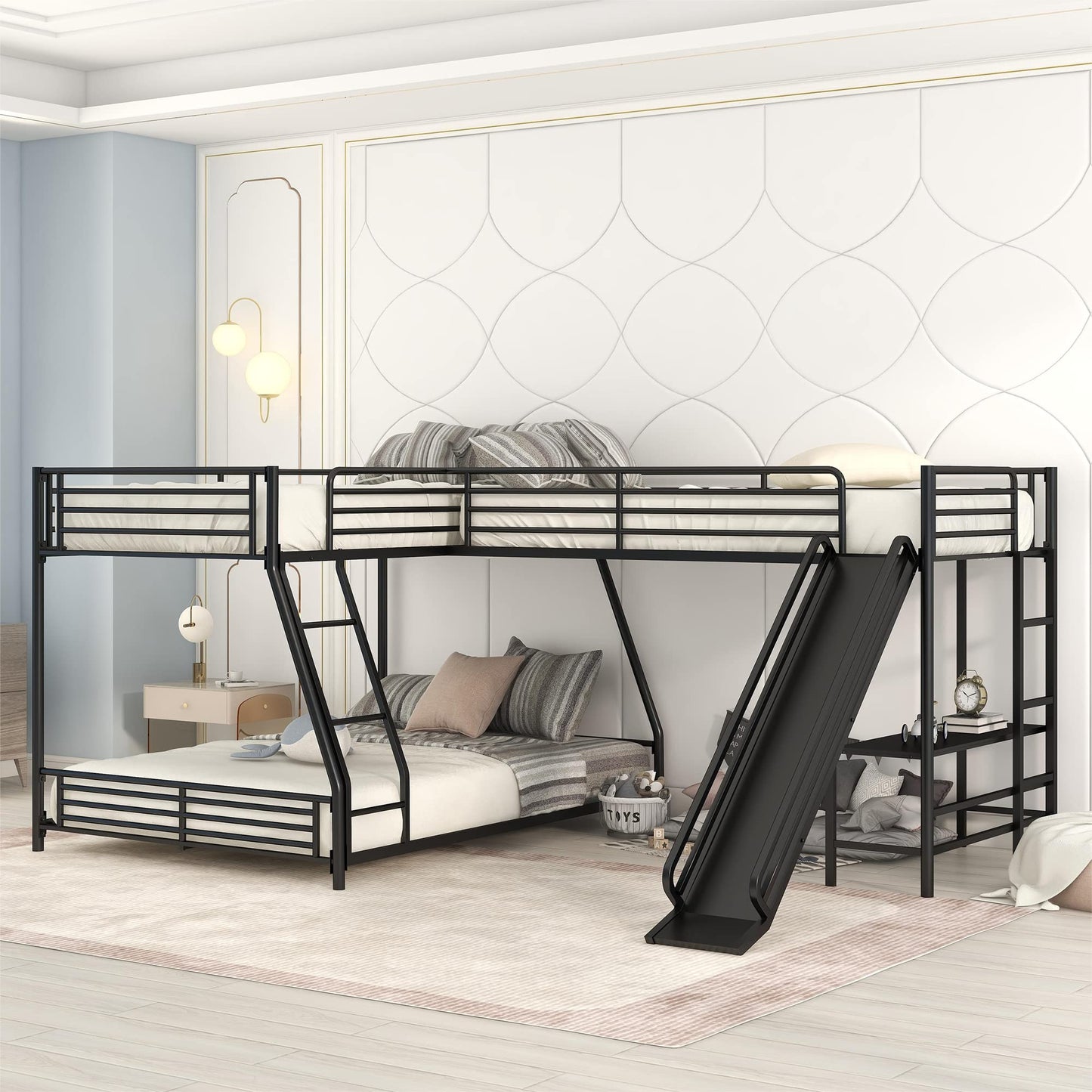 Merax L-Shaped Twin Over Full Bunk Bed with Twin Size Loft Bed, Black Metal Bunk Bed with Built-in Desk and Slide