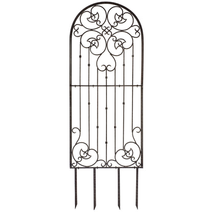 H Potter 72” Heavy Duty Garden Trellis – 60 lb Solid Iron Scrollwork Panel, 1” Metal Frame with Ground & Stabilizing Stakes (Charcoal Brown)