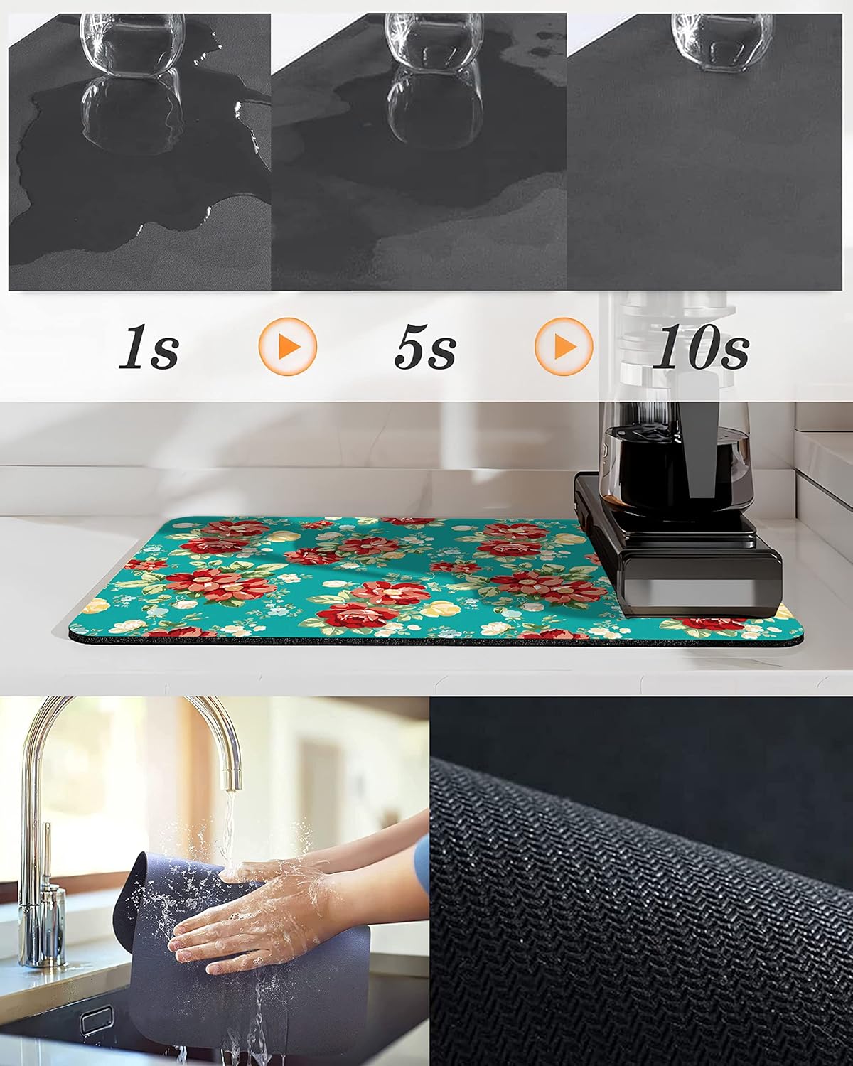 Coffee Bar Mat Accessories for Countertop, Pioneer Flower Rubber Backed Dish Drying Mats, 20x12in, Fit Under Coffee