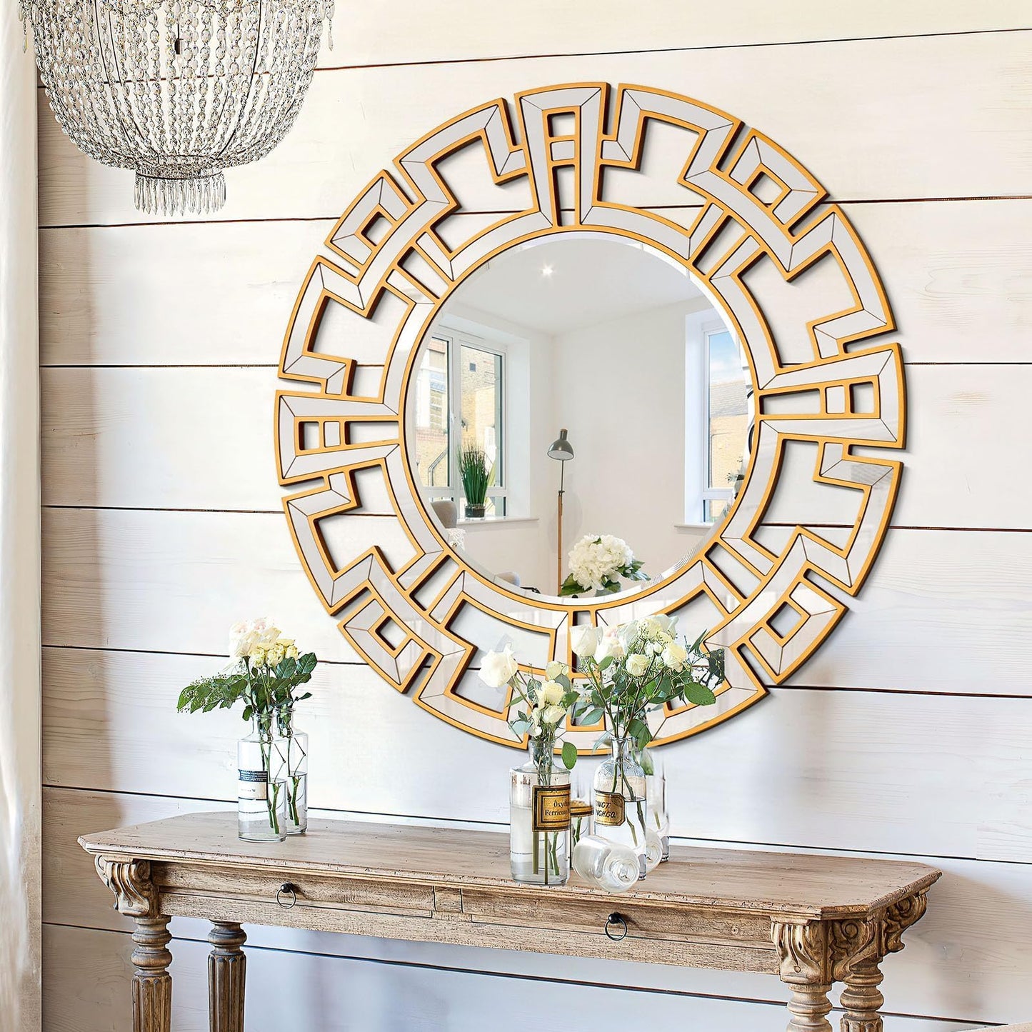 Chende Large Round Mirror, 40'' Modern Living Room Mirrorr with Beveled Glass Edge, Gold Decorative Wall Mirror with Wooden Frame for Dining Room, Entryway, Mantel, Bathroom