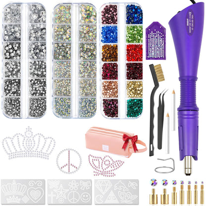 Hotfix Rhinestones Applicator Kit Set 4500 Pcs Crystals (White/AB/Multi-Color) - Bedazzler DIY Craft Includes 19 Pattern Templates, Tweezers, Brush, Storage Bag - for Clothes, Fabric, Jeans (Purple)