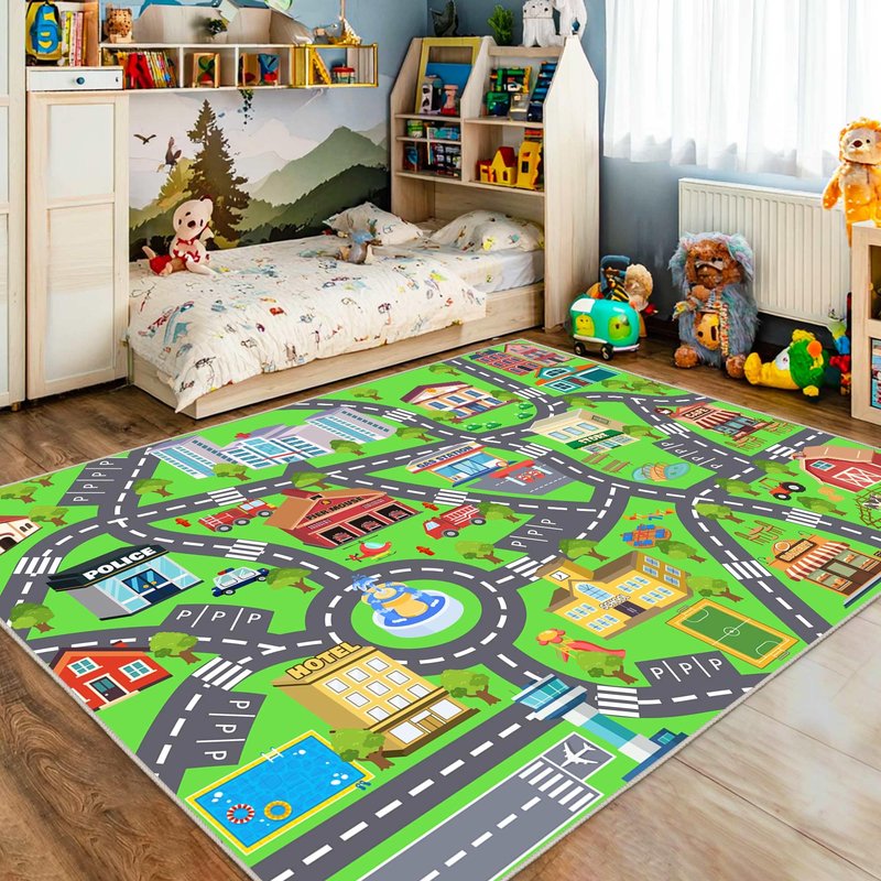 OHDS Kids Room Rug - Soft & Non-Slip 5x7 Ft Town Car Rug City Map Play Mat, Childrens Road Catpet Washable Rug for Classroom Nursery Bedroom Boys