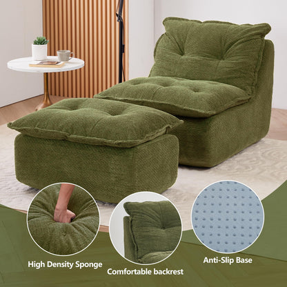 ENYLAY Single Chaise Lounge Chair, 62.2" Lazy Sofa Bean Bag Chair with Ottoman – Modern Boneless Floor Lounger for Bedroom or Living Room, Cozy Cloud Sleeper (Green)
