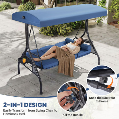 3 Seat Outdoor Porch Swing with Adjustable Canopy,2 in 1 Patio Swing Bed with Stand 800lbs for Adults,Outdoor Swing with Removable Cushion, Cup Holder ＆ Pillow for Backyard, Porch, Garden