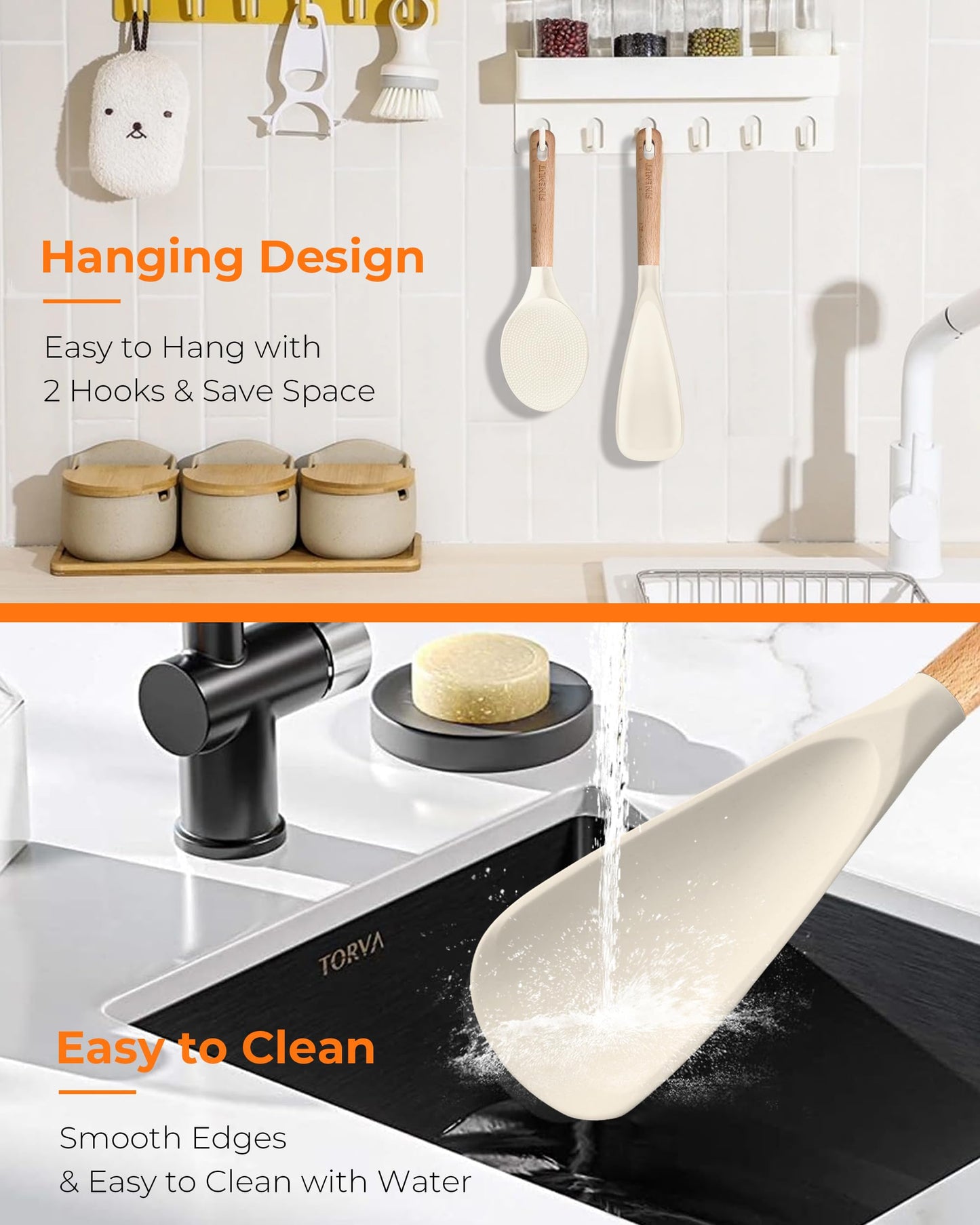 FINENUT Cooking Spoon Multifunction Spoonula Silicone Spatula Spoon 2-Pack, Dual-Use Heat Resistant 446°F, BPA-Free Non-Toxic Wooden Handle Rice Spoon Set for Non-Stick Cookware & Rice Cookers (Khaki)
