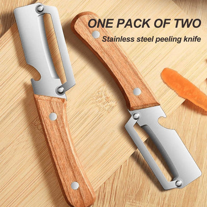 2PCS Premium Vegetable Peeler with Wooden Handle and Bottle Opener, Multi-Functional Vegetable Peeler, Stainless Steel Blade Kitchen Tool for Fruit