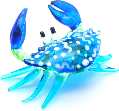 2" WitnyStore Tiny Long Blue White Dots Crab Figurine - Miniature Hand Blown Painted Glass Crabs Crustacean Colorful