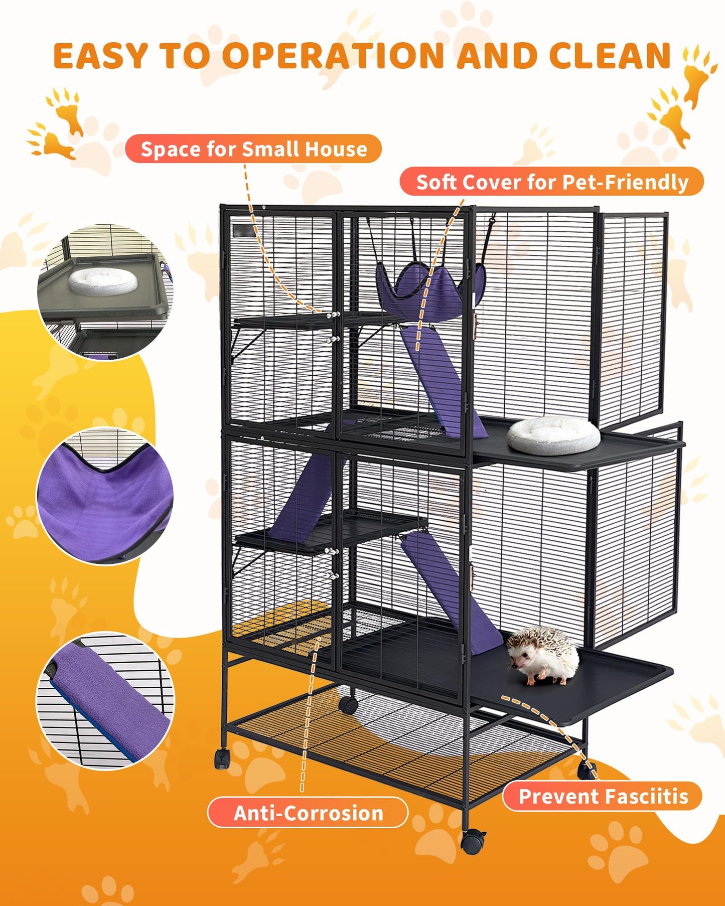 Garvee Metal Small Animal Cage,64 in H Ferret Cage for Small Animals - 4 Tier Large Hamster Cage with Removable Ramp, Hammock, Extra Storage Stand,Removable Tray for Ferret, Chinchilla, Hamster