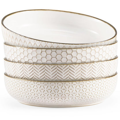 KooK Pasta Bowls, Ceramic, Embossed Serving Bowls For Stews and Salads, Large Capacity, Microwave & Dishwasher Safe, Ivory with Dark Copper Accents, Set of 4, 40 oz, Narbonne Collection