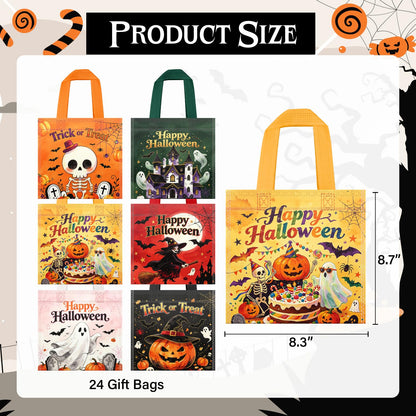 24Pcs Halloween Non-Woven Trick or Treat Candy Bags, Small 8.3×8.7 Inch Reusable Treat Gift Totes with Sturdy Handles, Cute Ghost Pumpkin Skeleton Witch Haunted House Prints for Kids Halloween Party Favor Supplies