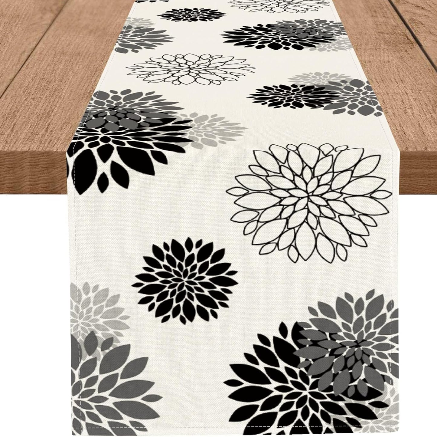 13 36 Inch Black Gray Table Runner Dahlia Pinnata Flower Beige Table Runners Modern Elegant Pompon Farmhouse Geometric