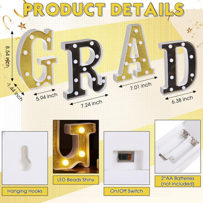 VIHOSE 2026 Graduation Grad Light up Sign, 4 LED Marquee Light up Letter''grad''sign Decorations for Kindergarten Preschool High School College Wall Table Decor Party Supplies(Black & Gold)