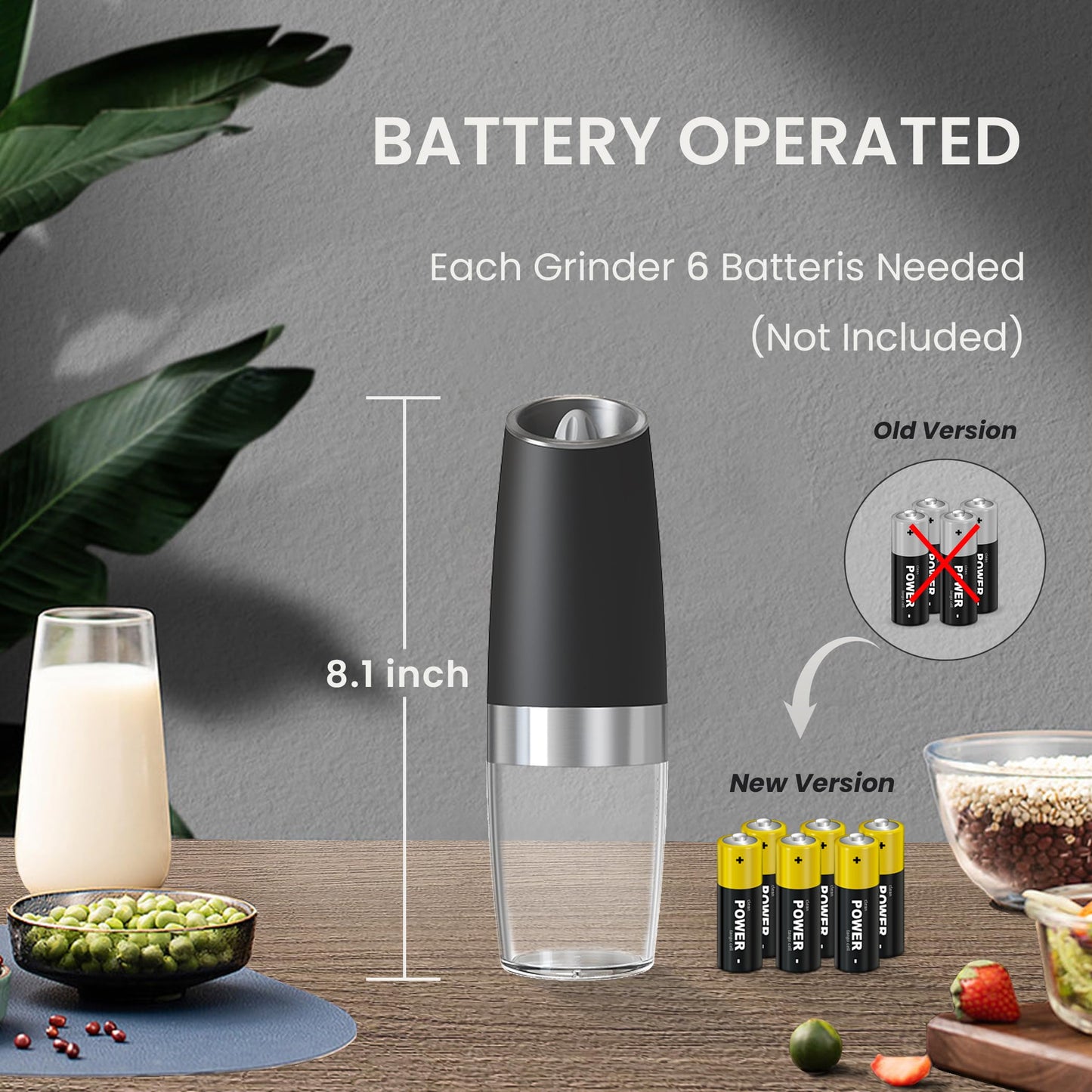 BELRIGO Battery Operated Salt And Pepper Grinder Set with LED Light, Automatic Electric Gravity Salt And Pepper Shakers Set, Each 6 AAA Batteries Needed, Adjustable Roughness, 2 Pack (Black)