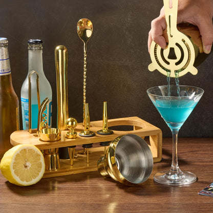 Cocktail Shaker Set Bartender Kit : 12-Piece Bar Tool Set with Bamboo Stand | Bars Set with All Practical Bar Accessories, for Drink Mixing, Bar, Home, Lounge & Party (Gold)