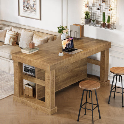 Tribesigns Bar Table, 55-Inch Counter Height Pub Table with Storage Shelves, High Top Kitchen Dining Table, Rectangle Wood Home Bar Unit for Dining Room, Bistro, Light Brown