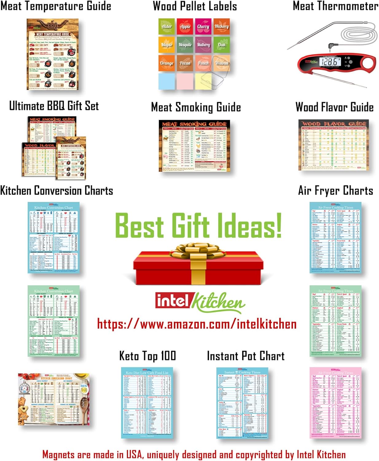 Ultimate BBQ Gifts Set: Must-Have Meat Smoking Guide (47 Meats) + Meat Temperature Chart + Wood Flavor Guide, Unique