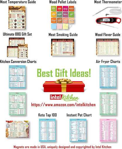 Ultimate BBQ Gifts Set: Must-Have Meat Smoking Guide (47 Meats) + Meat Temperature Chart + Wood Flavor Guide, Unique