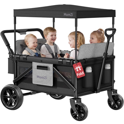 MomZi 4 Seater Wagon Stroller for Kids, Collapsible Wagon Stroller with Removable Canopy, Foldable Stroller Wagon with Seat and Storage Pocket for Baby Toddlers Black