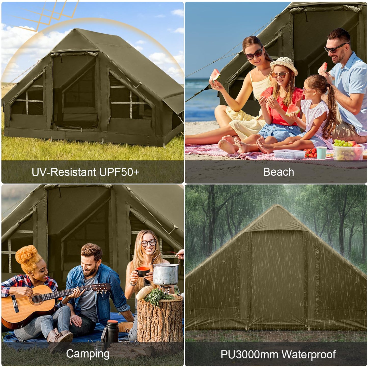 Inflatable Tents for Camping, 4-6 Person Easy Blow Up Tent with Hand Pump,4 Seasons Waterproof Air Inflatable Camping Tent House for Family Weekend Camping，Green