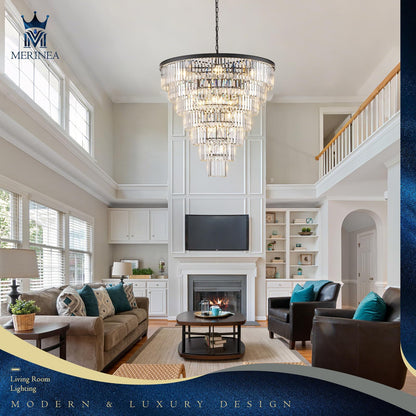 MERINEA Large Black Crystal Chandelier 36" Round Chandeliers for Staircase Modern 22 Lights 7-Tier Luxury K9 Crystal Ceiling Pendant Lighting Fixture for High Ceiling Living Room Foyer