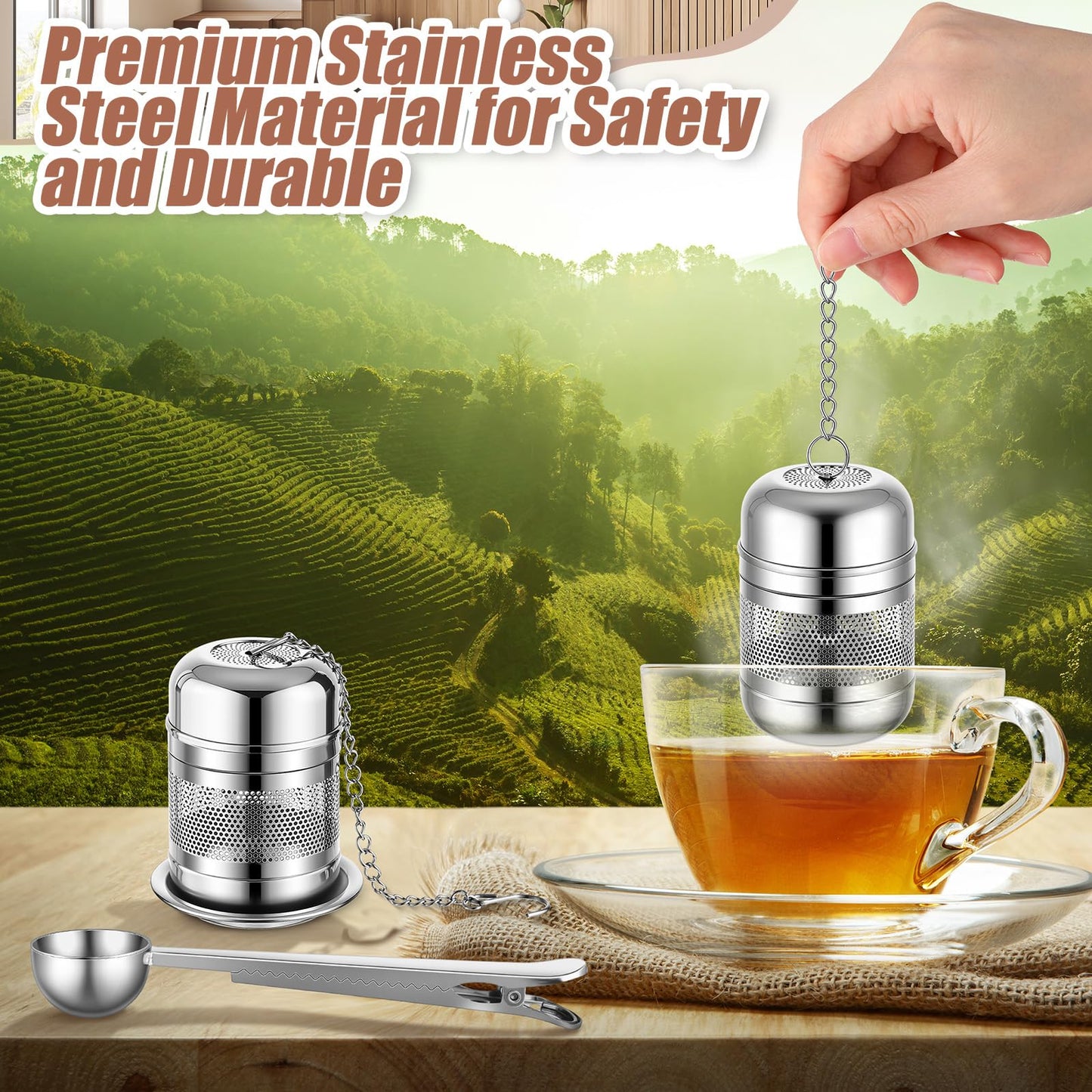Umigy 4 Pcs Tea Infuser Strainers for Loose Tea with Scoop, Extra Fine Mesh Steeper 304 Stainless Steel Diffuser Leaf Holder with Extended Chain Hook for Brew, Spices, Seasoning (Stylish Style)