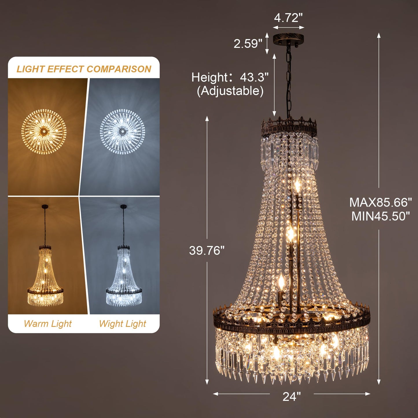 TOCHIC French Empire Crystal Chandeliers,9 Lights Rustic Farmhouse Chandelier,High Ceiling Light Fixture for Entryway,Antique Bronze Chandeliers for Dining Living Room,Foyer,Staircase,24" W x 40'' H