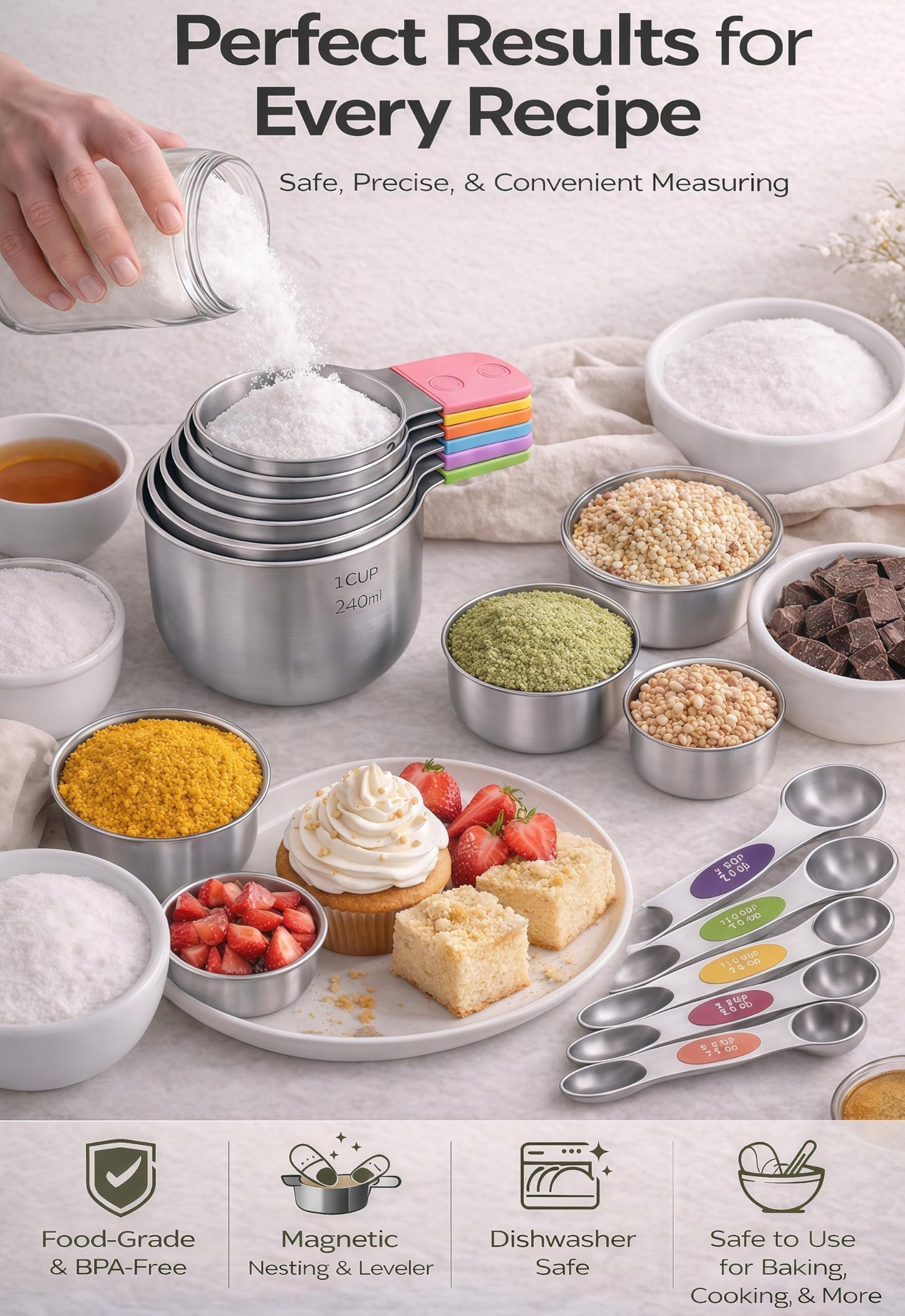 HOWGOODY Magnetic Measuring Cups and Spoons Set304 Stainless Steel Dual Scale Set of 15, Strong N52 Magnetic Nesting Design with Leveler, for Dry&Liquid Ingredients, Dishwasher Safe(Colorful)