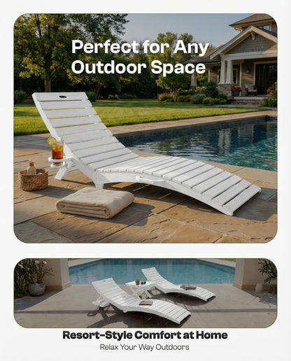 Tobeos Folding HDPE Pool Lounge Chairs Set of 2, Pre-Assembled Outdoor Chaise Lounge with Cup Holder for Poolside, Tanning Ledge, Pool Deck or Beach, Sandbag Not Included (White)