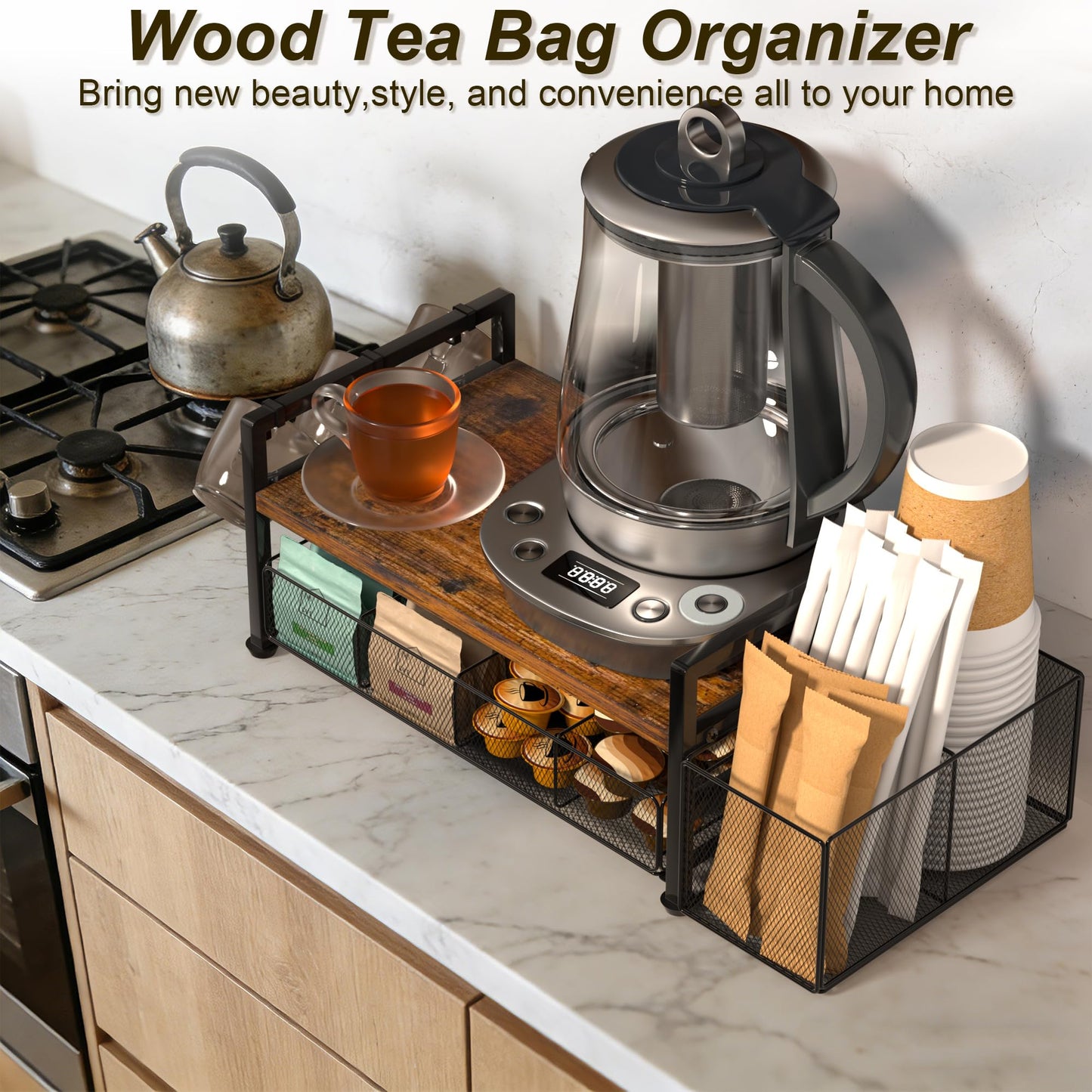 Tea Bag Organizer, Wood Tea Organizers and Storage Chest, Tea Bag Holder with Storage Drawer, 4 Hooks for Tea Cups Holder, Tea Station Chest Display Container Box for Countertop Kitchen, Rustic Brown