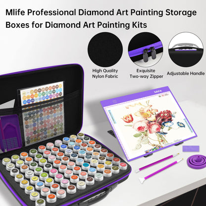 Mlife Diamond Painting Storage Boxes,1 Diamond Painting A4 Light Box Tracing Light Board with 3 Brightness, 80 Slots Bead Storage with 5D Diamond Art Accessories and Tools Kit（Purple）