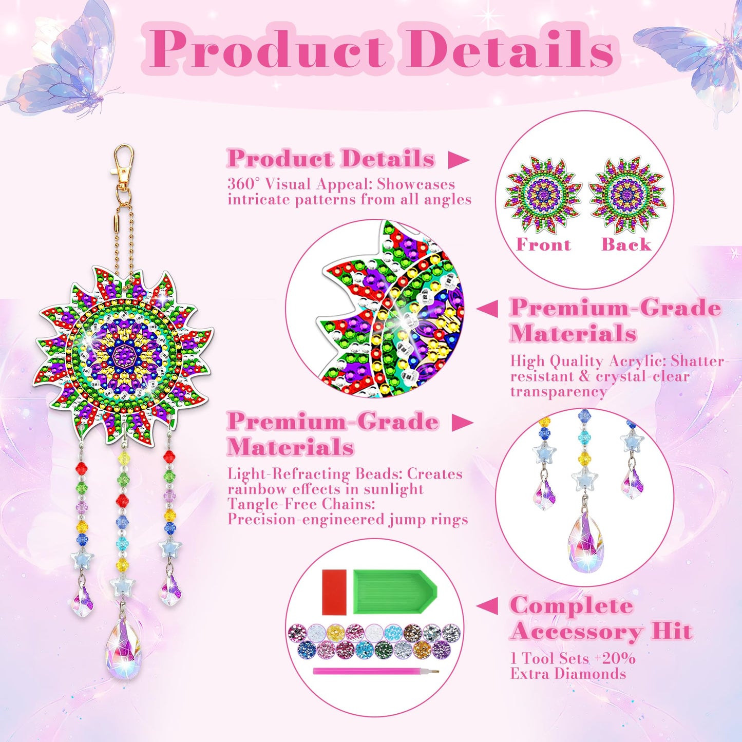 4pcs Diamond Art Kits for Kids/Adults, Arts and Crafts for Kids Ages 8-12, Birthday Gifts for 6 7 8 9 10 11 Year Old Girl, Paint by Numbers Kit for Kids Wind Chimes Gem Art Crystal Window Sun Catcher