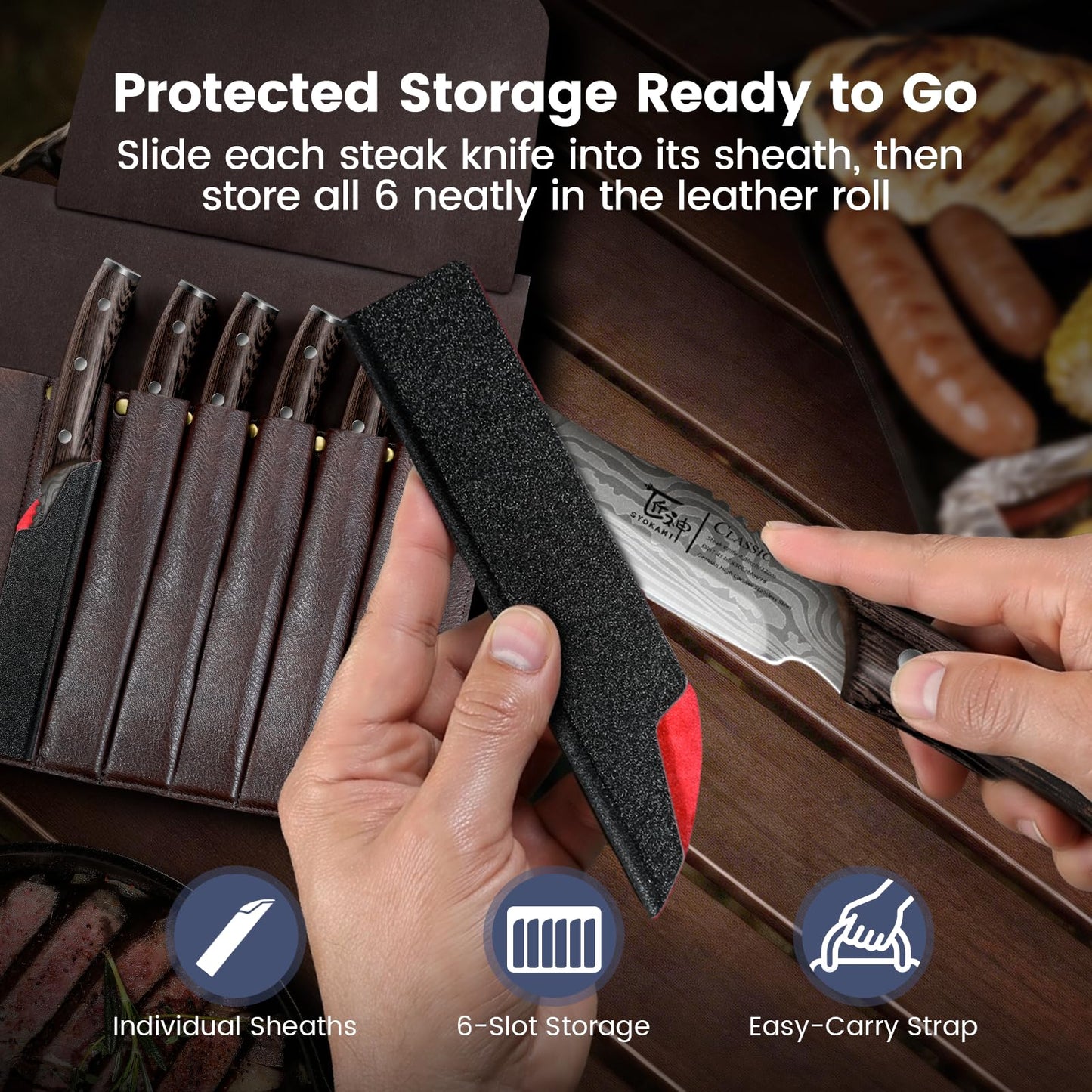 SYOKAMI Steak Knives Set of 6 with Portable Leather Roll & Individual Sheaths, 4.8 Inch Non Serrated Dinner Knives, High Carbon Stainless Steel, Full Tang Wood Handle, Gift Box for BBQ Outdoor Dining