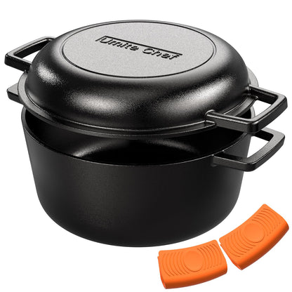 Cast Iron Dutch Oven Pot with Skillet Lid – Pre-Seasoned – Skillet Lid Cooking Pan– PFAS-Free –Umite Chef Cast Iron Skillet Cookware for Bread, Frying, Baking – Dual Handles – Oven, Grill, Campfire & Stovetop Safe – Durable & Non-Toxic, 5QT