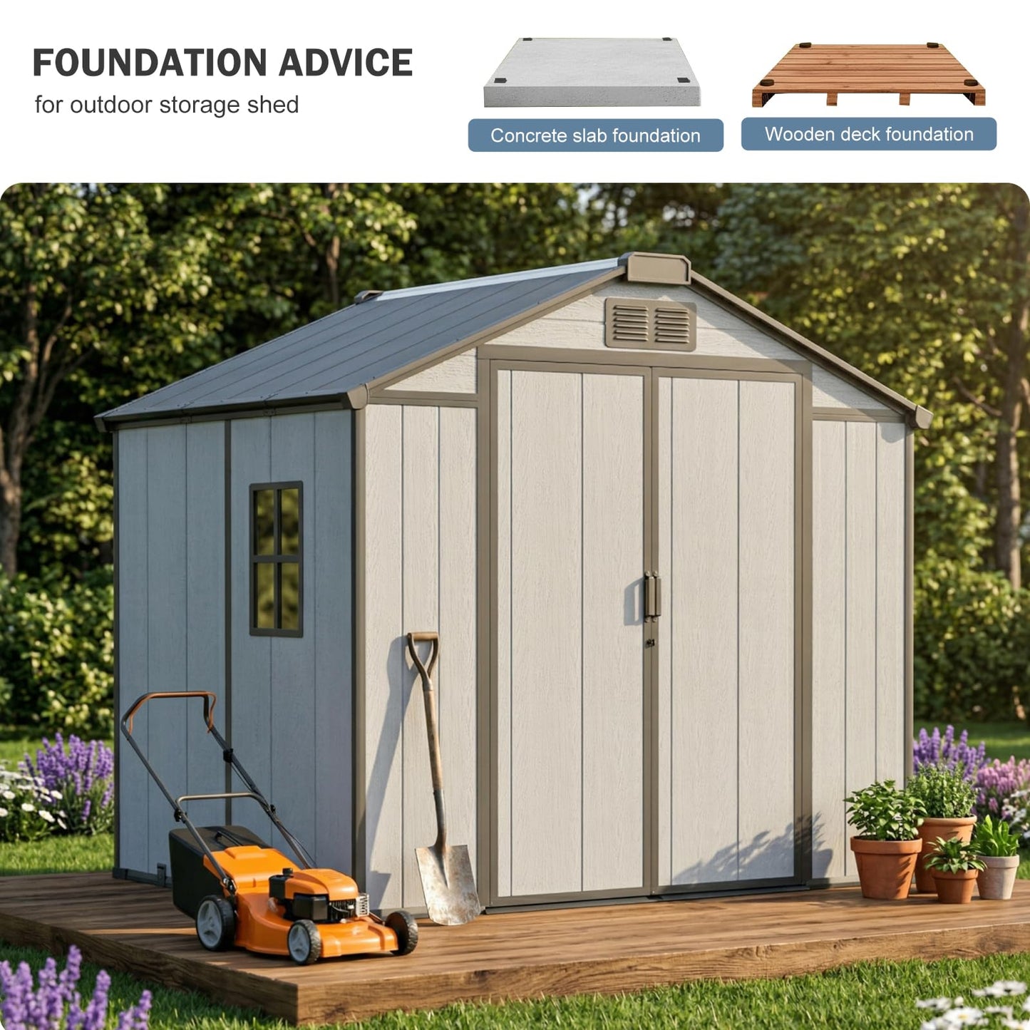 8x6 FT Resin Storage Shed with Floor Windows Lockable Double Door Vents, Easy Assembly All Weather Waterproof Durable Plastic Outdoor Sheds for Backyard Garden Storage Tools Lawnmover, Gray