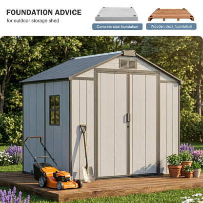 8x6 FT Resin Storage Shed with Floor Windows Lockable Double Door Vents, Easy Assembly All Weather Waterproof Durable Plastic Outdoor Sheds for Backyard Garden Storage Tools Lawnmover, Gray