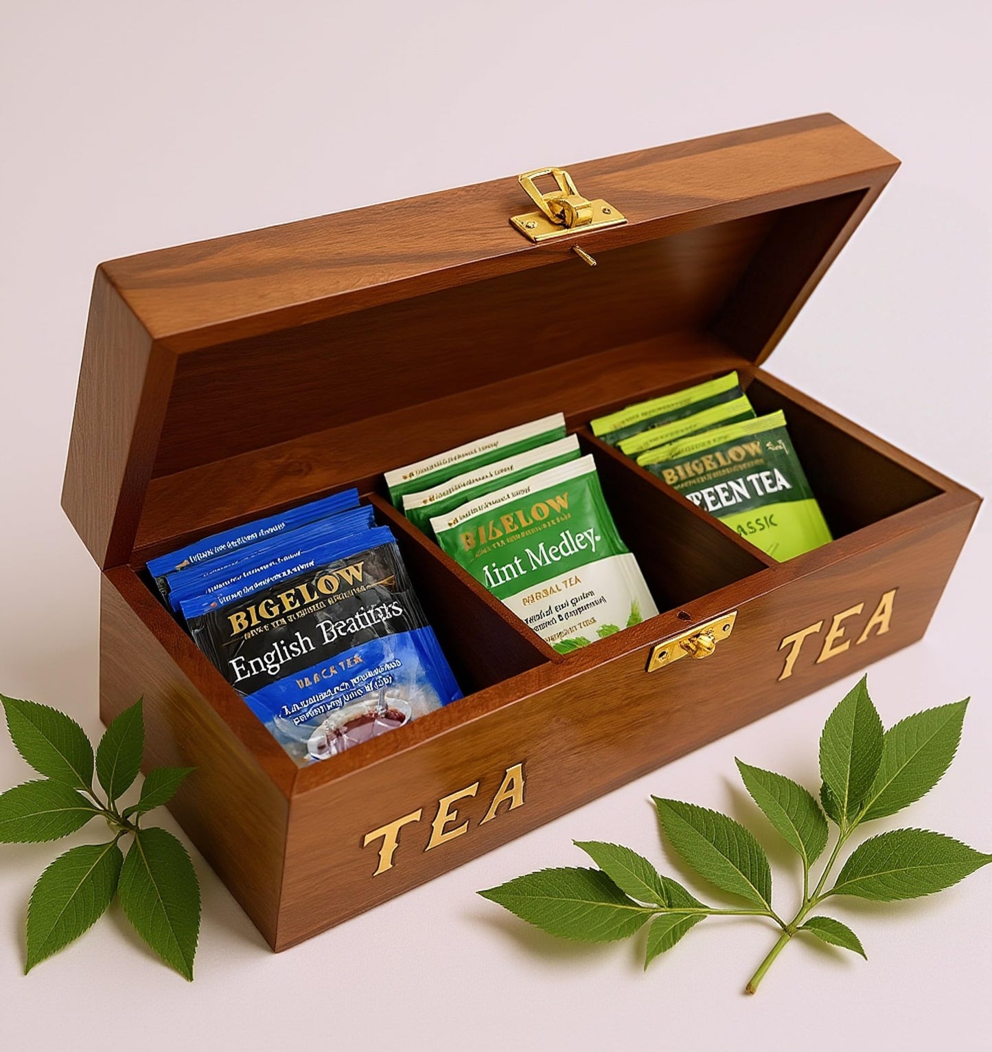 Handcrafted Rosewood Tea Box, 3-Compartment Tea Bag Organizer, Natural Wood Decorative Storage Chest with Brass Inlay, Artisan made in South Asia