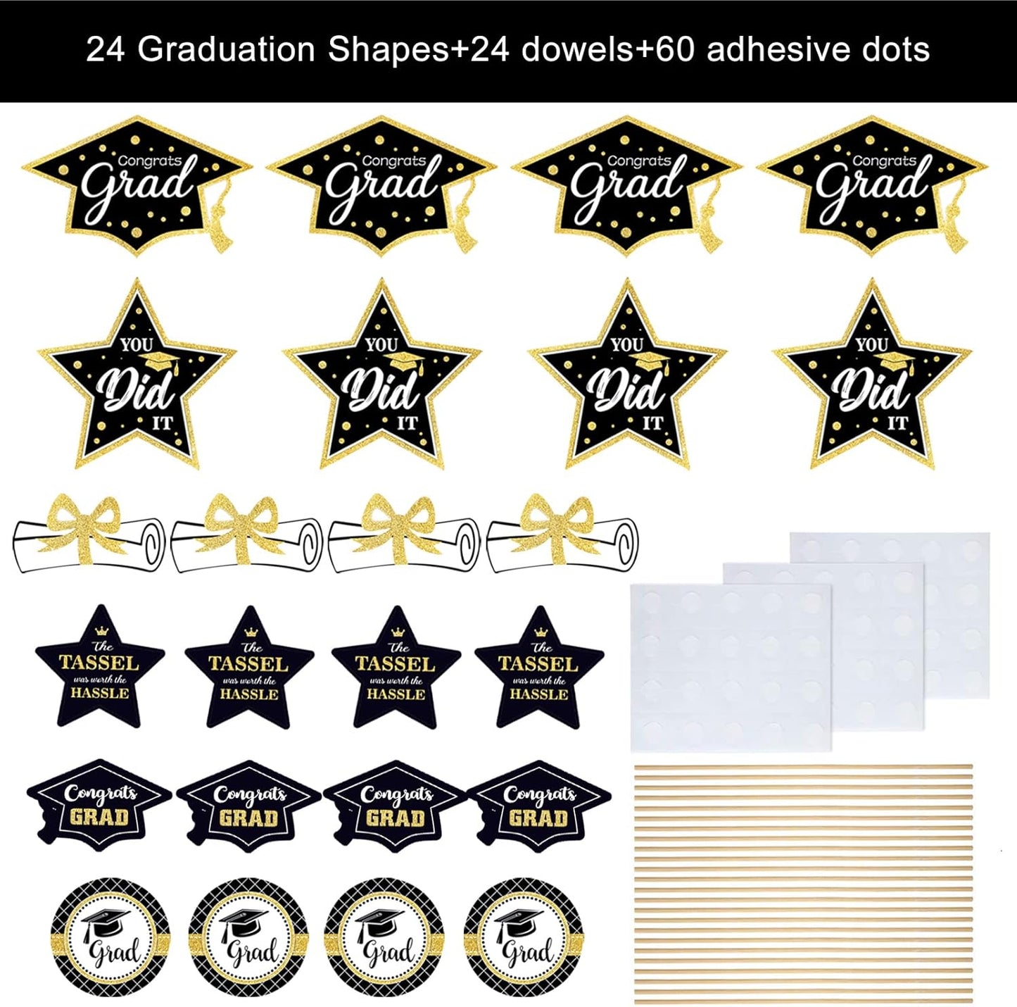 Black and Gold Graduation Decorations Set of 24, Class of 2025 Table Decor, Congrats Grad Party Supplies