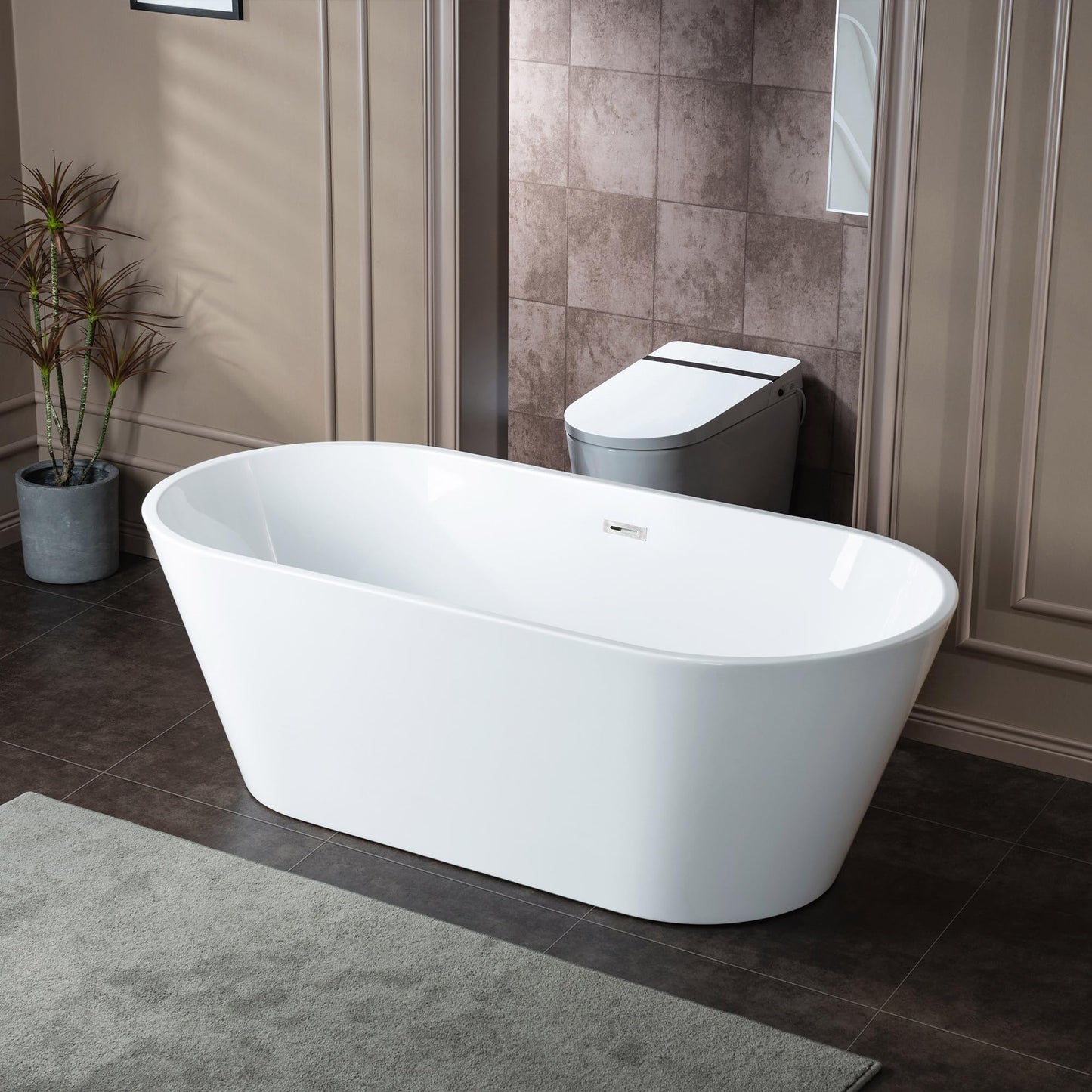 WOODBRIDGE 67" Acrylic Freestanding Bathtub Contemporary Soaking White Tub with Chrome Overflow and Drain