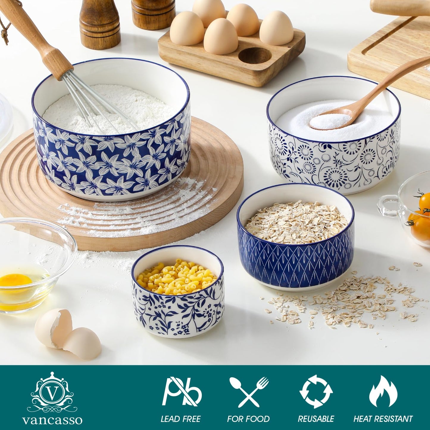 vancasso Ceramic Nesting Bowls with Lids Set of 4, Serving Bowls for Food Storage, Prep Bowl, Ceramic Bowl for Kitchen, Microwave & Dishwasher Safe, 60+36+20+10 Oz, Series SELENE