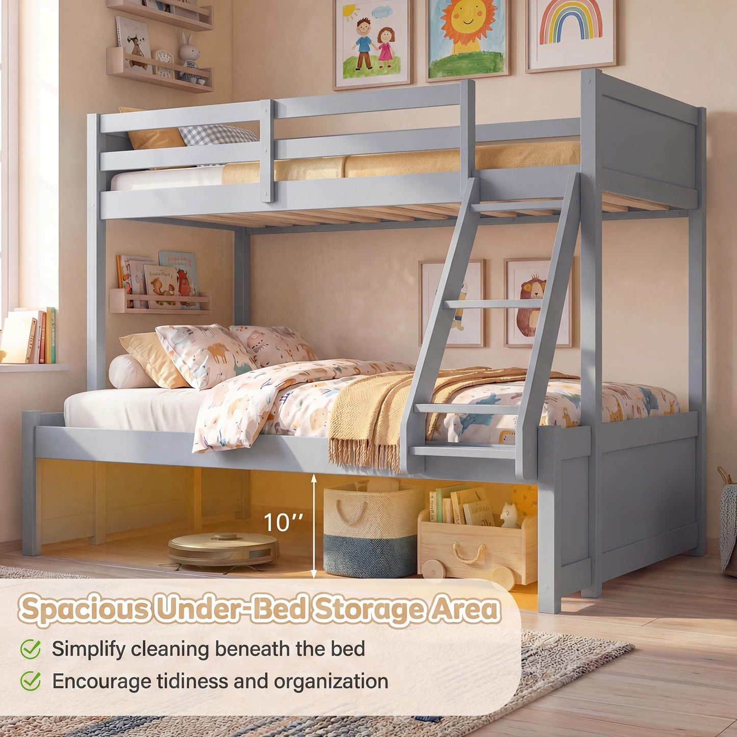 KOMFOTT Twin Over Full Bunk Bed, Pine Bed Frame with 3-Step Ladder, Full-Length Guardrails & 21 Wooden Support Slats, Solid Wood Bunk Bed for Teens, Kids, Adults, Dorms and Apartments (Grey)