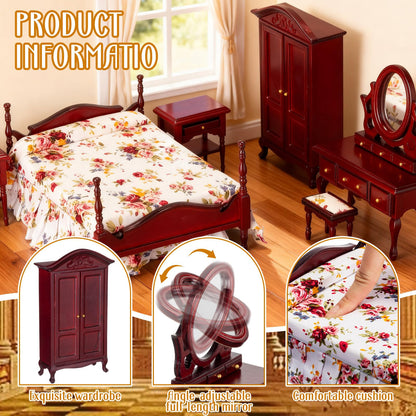 Skylety 6 Pcs Dollhouse Furniture 1: 12 Scale Wooden Victorian Dollhouse Bedroom Furniture Set Include Bed Dressing Table Wardrobe for Adults Toys Miniature Doll House Accessories