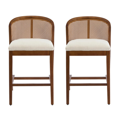 Christopher Knight Home JENA Rattan Counter Stools Set of 2, Counter Height Bar Stools for Bar Table, Rubberwood Frame with Upholstered Barstools, Wood Accent Chair with Footrest, Beige + Walnut