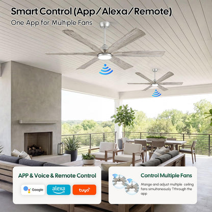 60 Inch Farmhouse Rustic Ceiling Fan with Light, Modern Smart Alexa/APP /Remote Control, Outdoor Fans for Patio Damp Rated, 6 Solid Wood Blades, High CFM Quiet DC Motor for Indoor Living Room Bedroom
