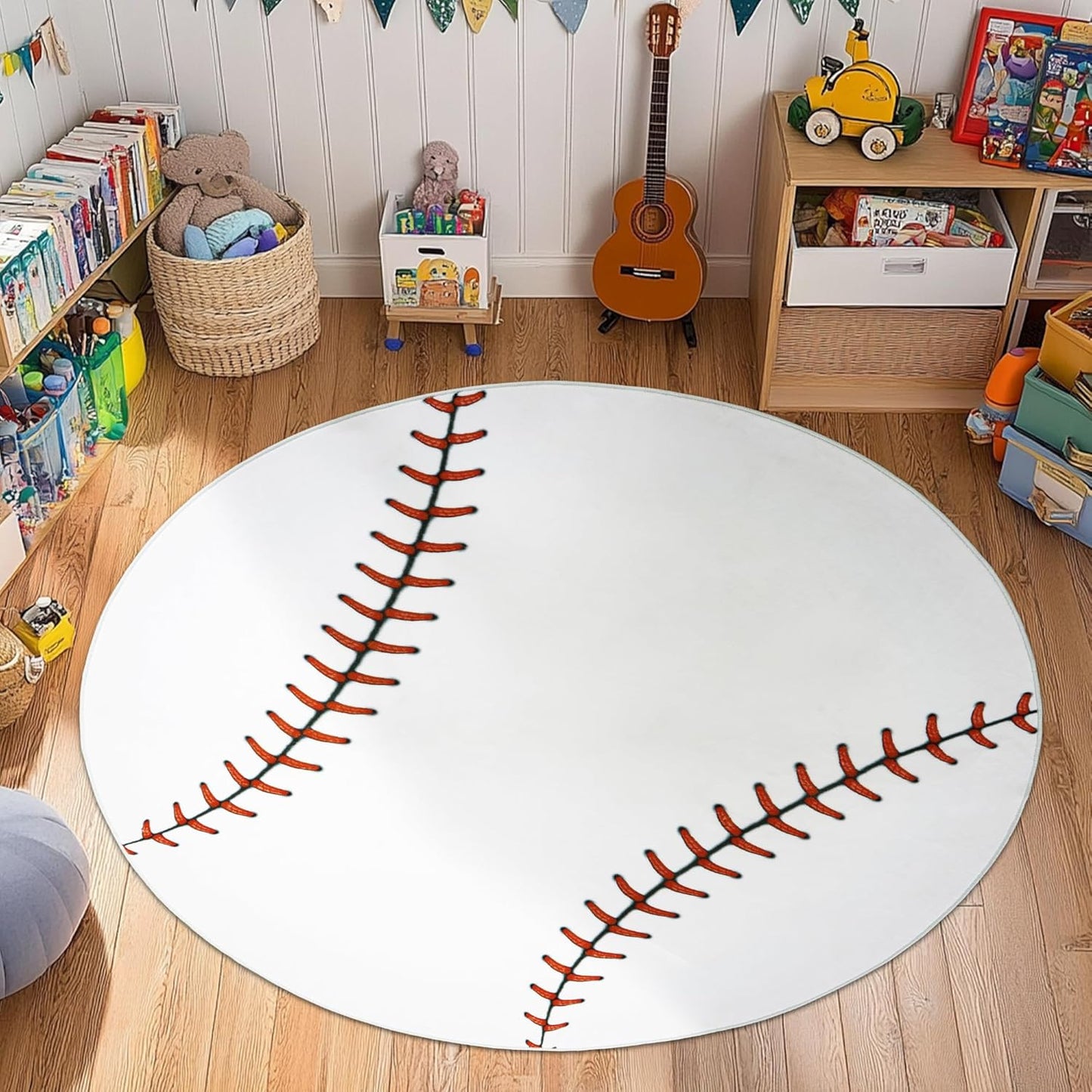 Washable,40 Inch Soft Round Rugs for Bedroom, Baseball Rug for Boys, Bedside Area Kids Carpet, Baseballs Lovers Home