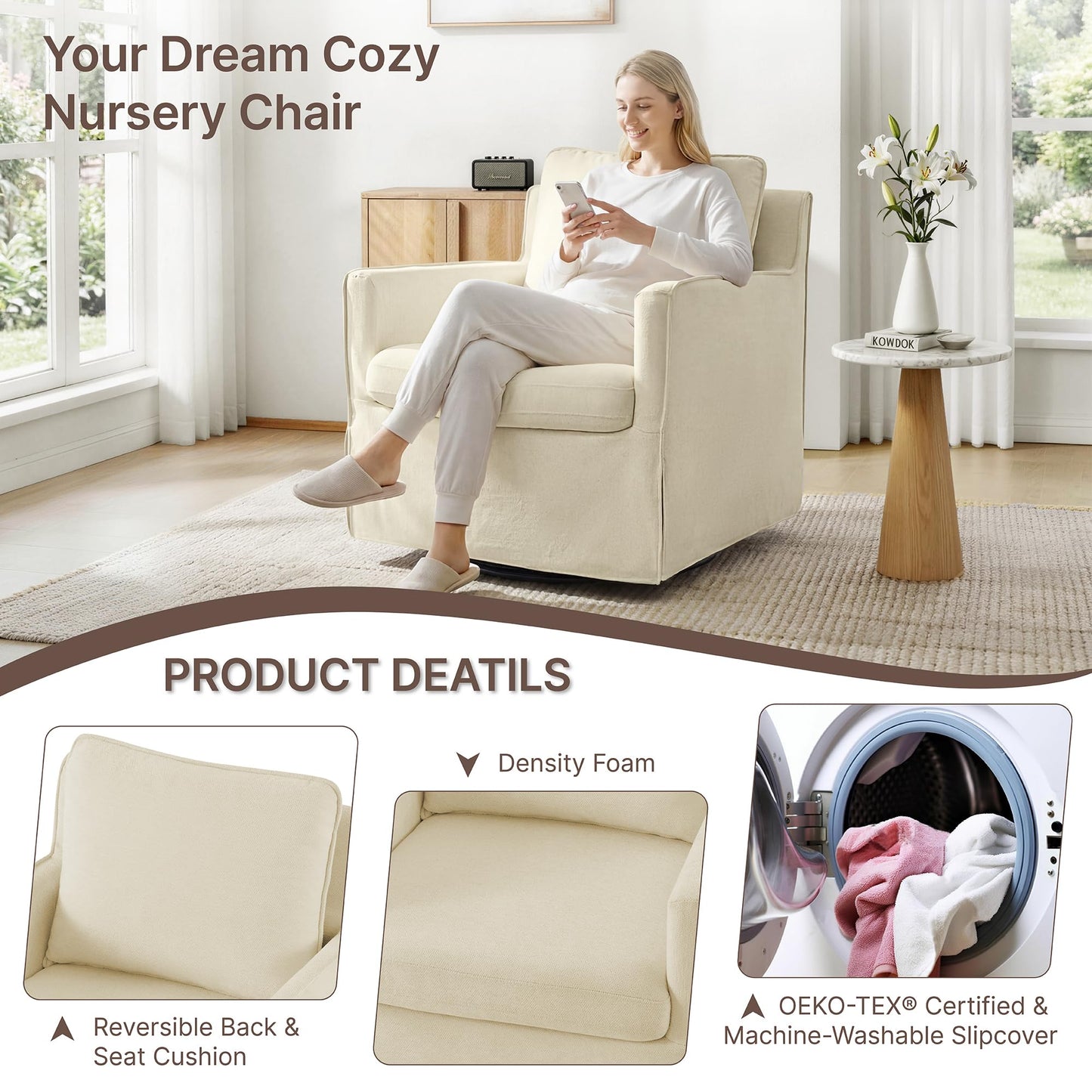 KISLOT Swivel Accent Chair with Ottoman, Rocking Recliner 360 Degree Swivel Armchair Machine-Washable Cover for Nursery Living Room Bedroom